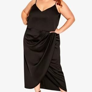City Chic Black Baby Frill Ruched Midi Dress Sz M/18 NWT